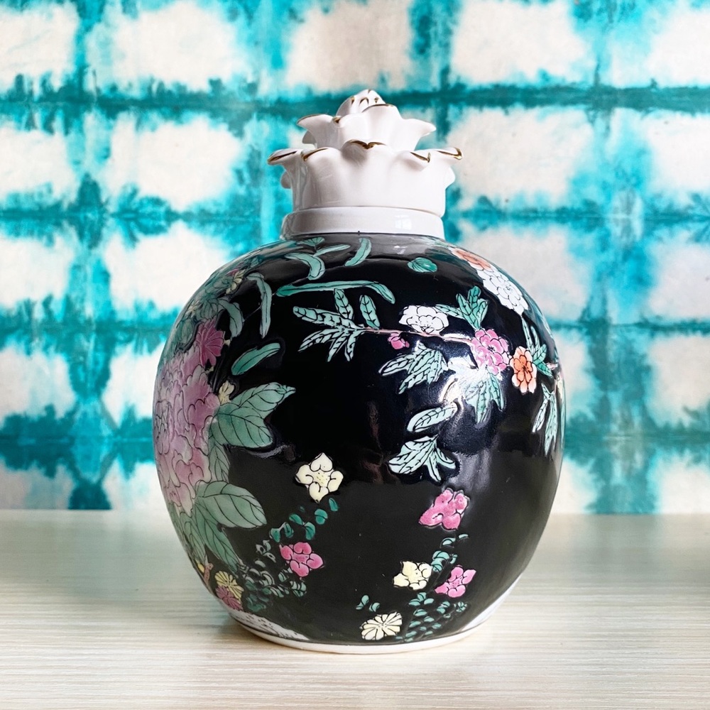 VTG Oriental Asian Black White Floral Decor Mini Jar with Lid Vase Home Decor - Picture 8 of 8